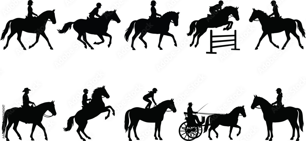 Εκτύπωση καμβά Silhouette illustrations of people riding horses in various equestrian poses and