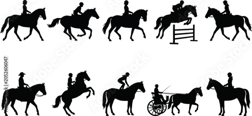 Foto Silhouette illustrations of people riding horses in various equestrian poses and