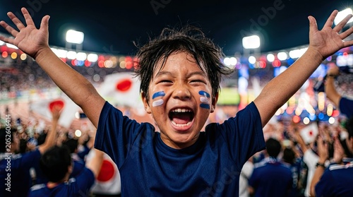 Joyful child in face paint cheers for victory at a soccer match