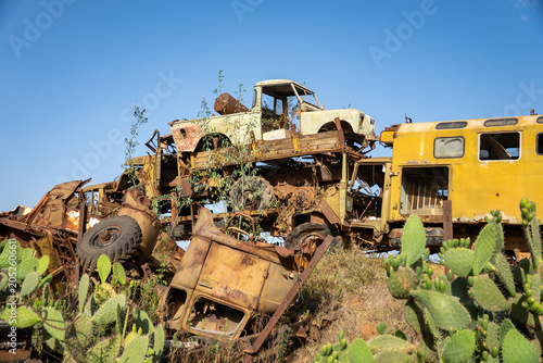 Canvas Print Pile of trucks and military vehicles at the tank graveyard in Asmara, Eritrea