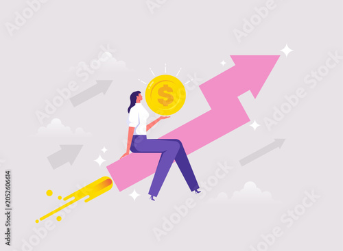 Financial growth concept, increase investment earning or stock market rising up, businesswoman with money coin riding growth arrow, symbolizing significant business growth and success
