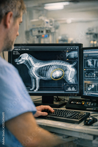 A veterinarian sitting at a computer desk and looking at an x-ray of a dog's abdomen.