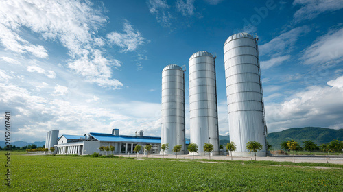 Large grain silos standing beside agricultural facility in open field