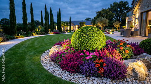Beautiful garden with flowers and rocks on a wellmanicured lawn at dusk with house and trees in background