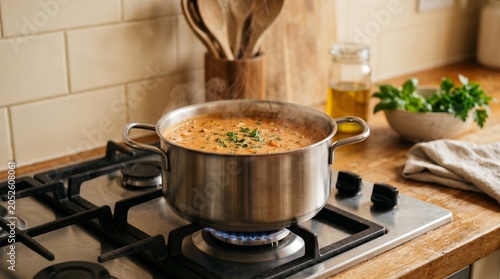 Cooking soup on a stove in a kitchen with wooden utensils, a bowl of herbs, and a jar of oil nearby