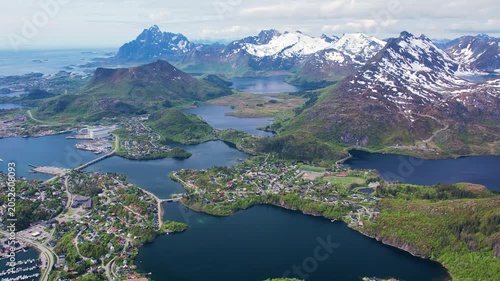 Northen green nature of Lofoten, Norway. Aerial view of breathtaking natural beauty of Lofoten Islands with stunning mountains, lush forests and lakes