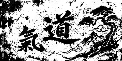 Cuadro en lienzo Japanese Kanji calligraphy for Aikido, meaning the Way of Harmonizing Energy, rendered in a dynamic ink splash style with mountainous and cloud elements