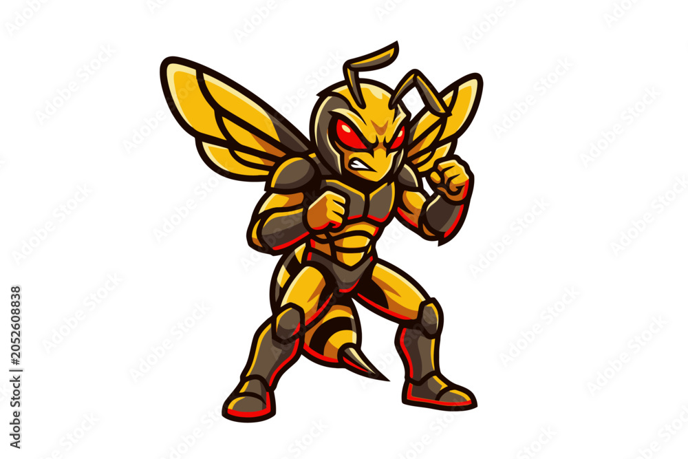 Fototapeta premium Hornet Mascot Character in Fighting Stance Isolated on White