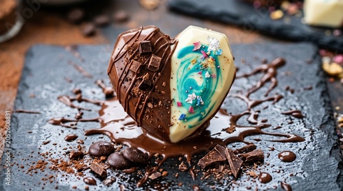 A chocolate heart with pieces of chocolate and chocolate sauce on a white background. 