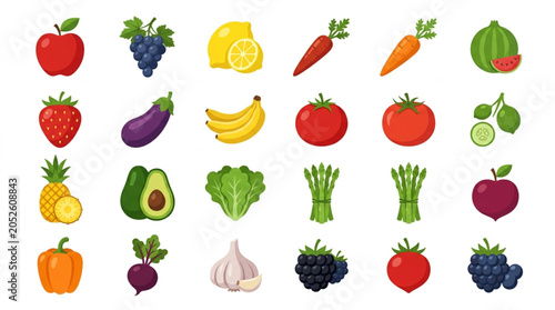 Collection of Fresh Fruits and Vegetables Icons.