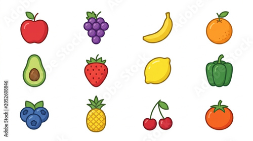 Collection of Fresh Fruits and Vegetables Icons.