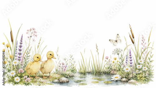 Whimsical Watercolor Animal Garden Border Collection on White Background