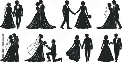 Obraz na płótnie Collection of eight black silhouettes of wedding couples in various poses includ