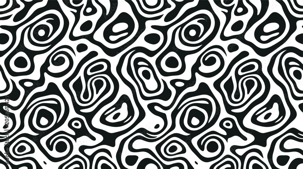 Fototapeta premium Seamless pattern with black and white concentric wavy liquid marble swirls and abstract organic shapes