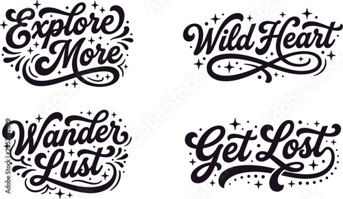 Photos Set of four travel and adventure themed hand-lettered quotes with decorative sta