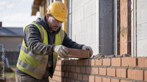 A bricklayer carefully installs brick masonry on an exterior wall, showcasing craftsmanship in natural light.