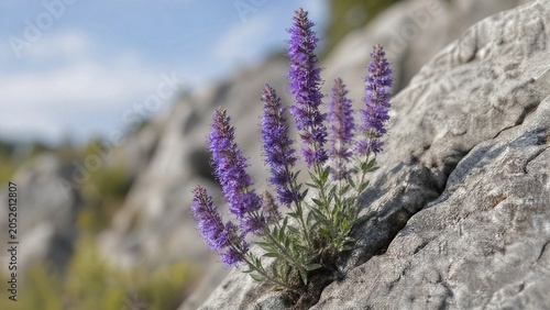 Purple hyssop flowers growing from a crack in a weathered gray rock.