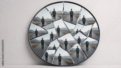 Shattered mirror fragments reflecting identical blurred future scene, conceptual art.