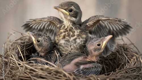 A nest of fledgling birds, one stretching its wings in morning light.