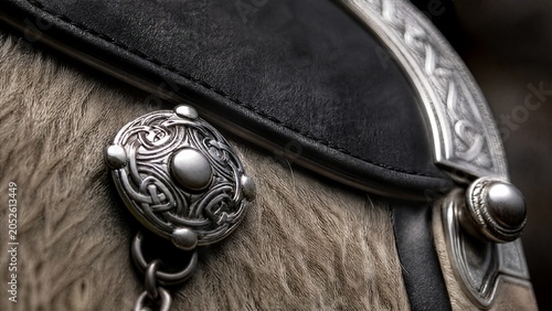 Extreme close-up of a sporran's fur and leather texture with a metal clasp.