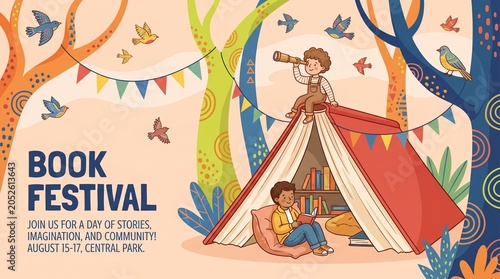 Book festival concept. Little girl reading in the open huge book, opened as a home. Fantasy, adventures and Imagination concept design. Vector illustration, poster