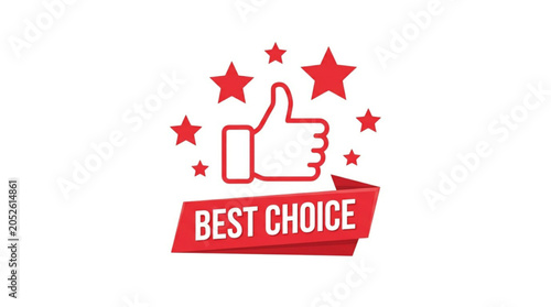 Thumbs up approval badge with stars and best choice label in flat design illustration