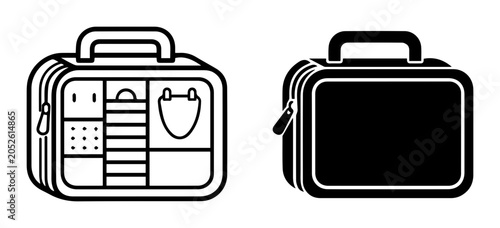 Lunch Box Icons: Outline and Solid Fill, Portable Food Container Graphics