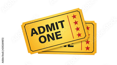 Two yellow admission tickets on white background