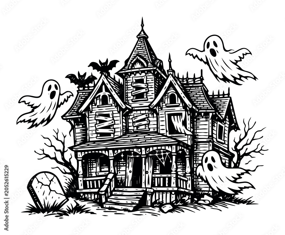 Naklejka premium Spooky haunted mansion with flying ghosts and bats, featuring a cracked tombstone illustration, perfect for Halloween themes