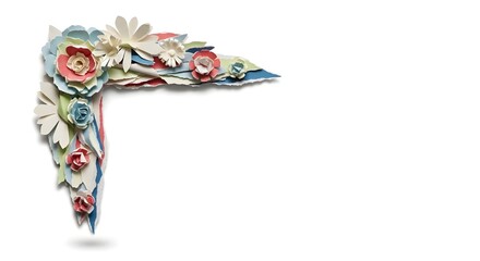 Torn paper scrap with colorful flowers on a white background realistic design element with shadow