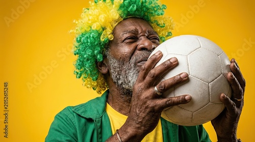 Enthusiastic Brazilian fan passionately kisses soccer ball, wearing vibrant wig and jersey.