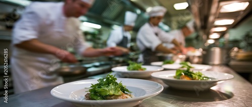 A bustling restaurant kitchen where chefs are working diligently to prepare gourmet dishes, highlighting culinary skills and teamwork in a professional environment.
