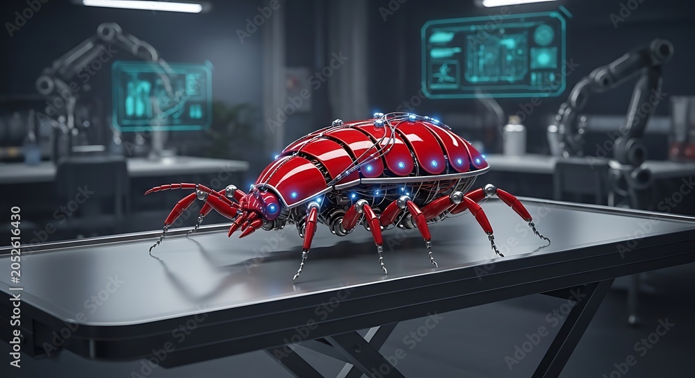 Naklejka premium Futuristic robotic Red tick on laboratory table