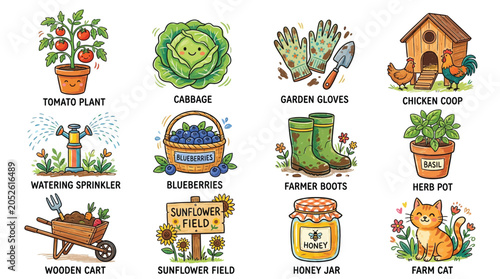 Quadro su tela Collection of cute cartoon illustrations representing various elements of gardening and farming life