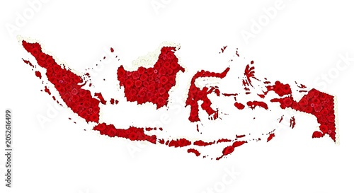 Textured red map outline of Indonesia, highlighting its archipelago shape and geographical extent.