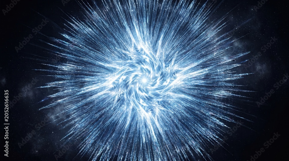 Fototapeta premium Exploding cosmic energy burst with blue light rays in deep space