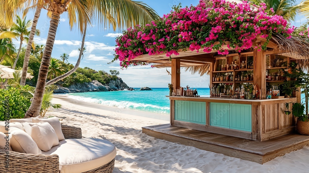 Obraz premium a tropical beach bar with pink flowers sits on a pristine white sand beach next to turquoise ocean water