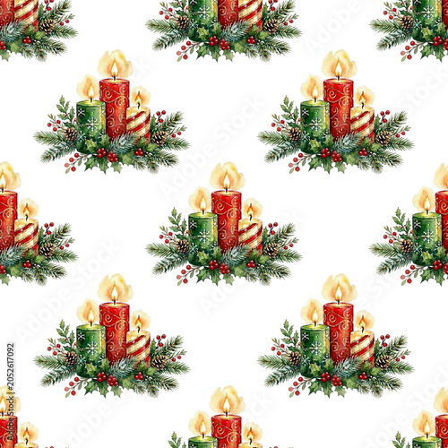 Christmas candles, pine branches, and holly berries on white background. Fest...