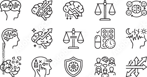Bild auf Leinwand Mental Health and Psychology Line Icons Set (Includes Brain Function, Mood Balan