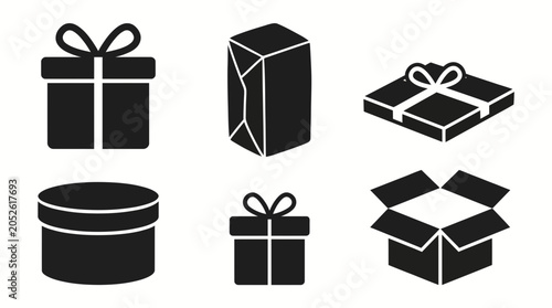 Set of gift box and package icons in black silhouette