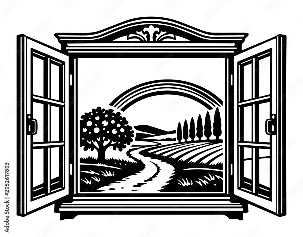 Fototapeta premium Open window framing a beautiful countryside view with a winding path, fields, hills, and a rainbow