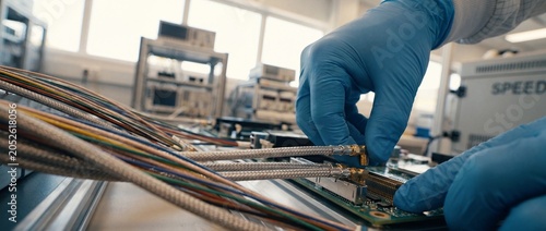 Engineer hands connecting coaxial cable to circuit board in hardware development lab for high frequency signal testing, focusing on precise electronics assembly, RF prototyping, and manufacturing.