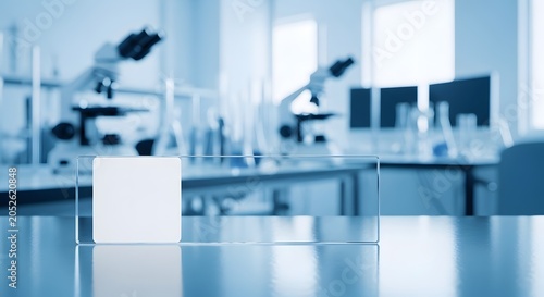 Blank Glass Microscope Slide Mockup on Laboratory Table with White Label - Modern Scientific Lab Interior with Microscope and Equipment in Blue Tones