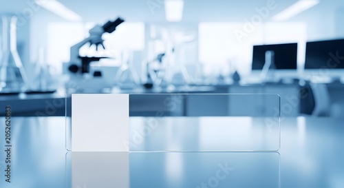 Blank Glass Microscope Slide Mockup on Laboratory Table with White Label - Modern Scientific Lab Interior with Microscope and Equipment in Blue Tones