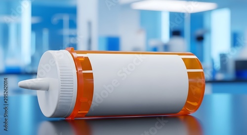 Blank Pharmaceutical Pill Bottle Mockup with White Label on Lab Table - Orange Plastic Prescription Container in Modern Scientific Research Laboratory Interior