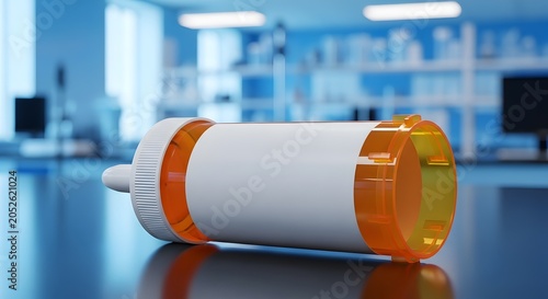 Blank Pharmaceutical Pill Bottle Mockup with White Label on Lab Table - Orange Plastic Prescription Container in Modern Scientific Research Laboratory Interior