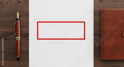 Blank Corporate Letterhead on Wood Desk with Luxury Fountain Pen and Leather Journal - Professional Business Branding Stationery Mockup Template
