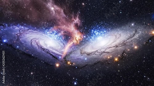 Two merging galaxies with bright cosmic explosion in deep space