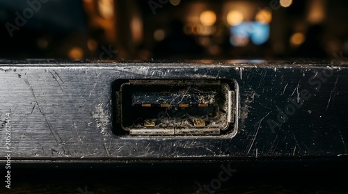 Close-up of Dirty and Corroded USB Port on Laptop Chassis - Macro Photography of Clogged Electronic Connector Needing Maintenance and Hardware Repair Concept