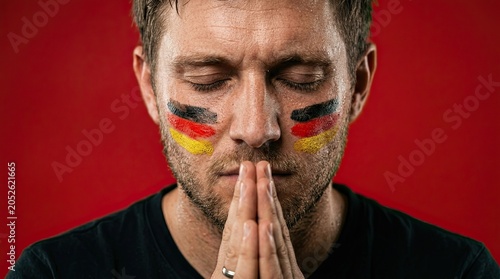 German soccer fan with face paint praying for victory